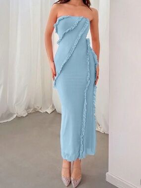 Strapless Light Blue Ruffle Trim Dress